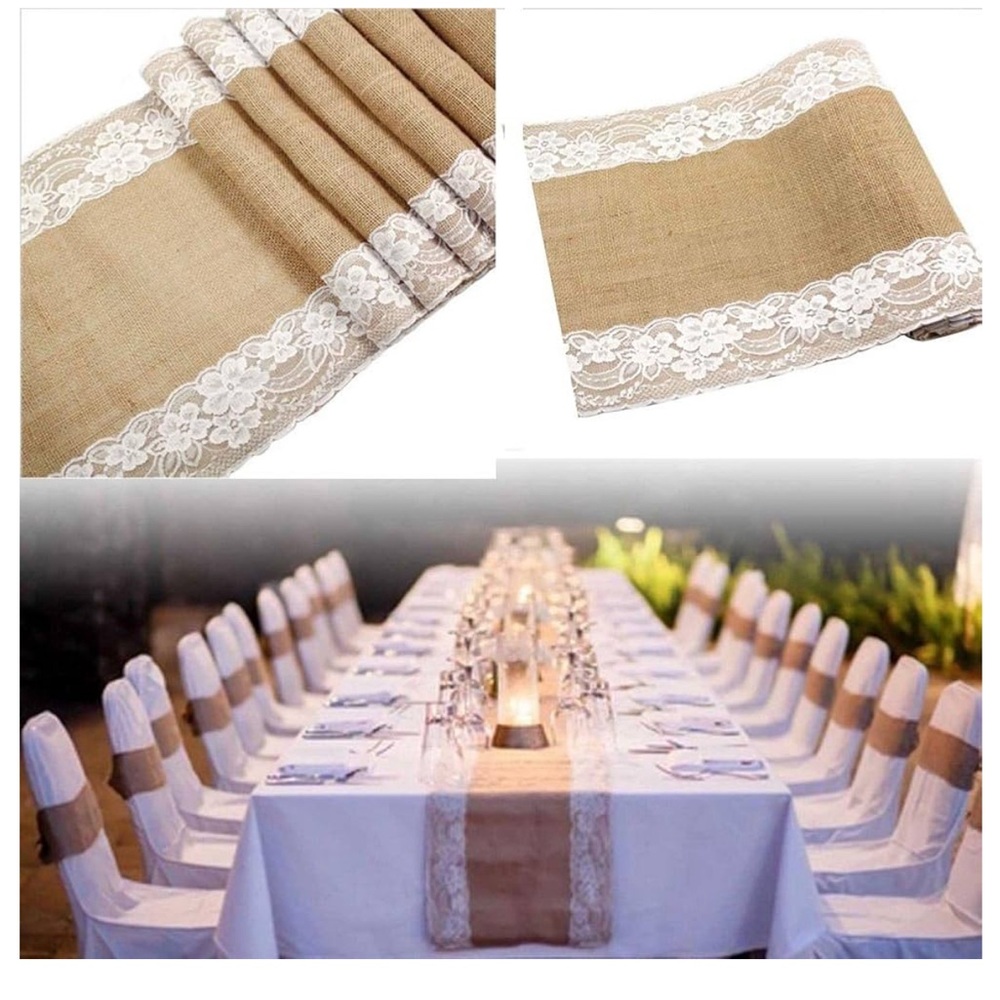Four Burlap with lace table runner. Only wrinkled from storage.